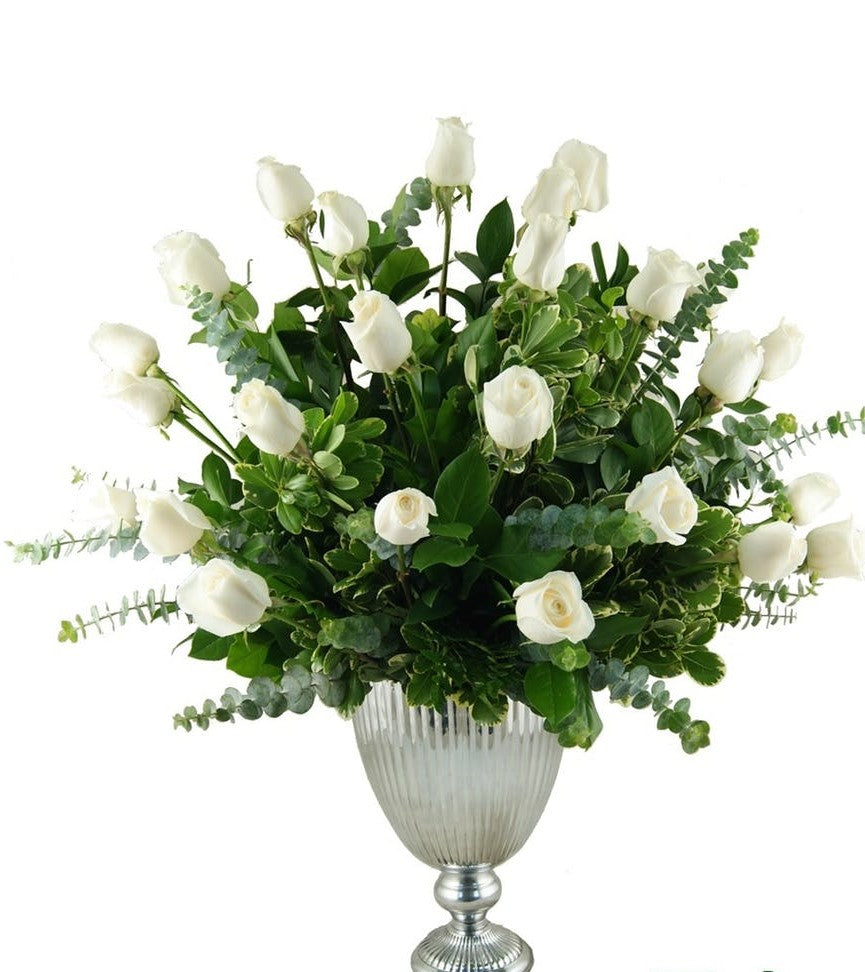 Silver Urn 2 Dozen White Roses