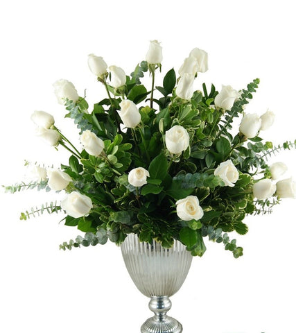 Silver Urn 2 Dozen White Roses